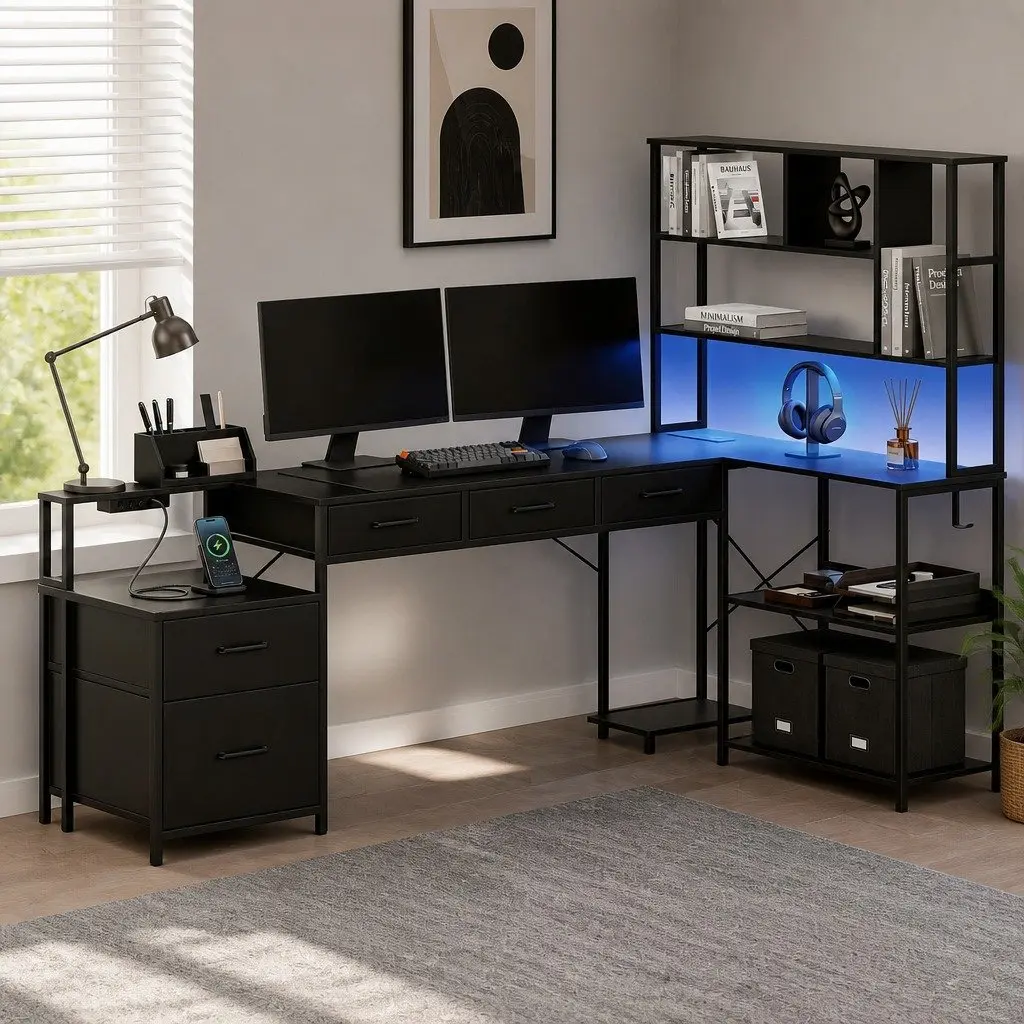 L Shaped Gaming Desk with RGB and Charging Ports