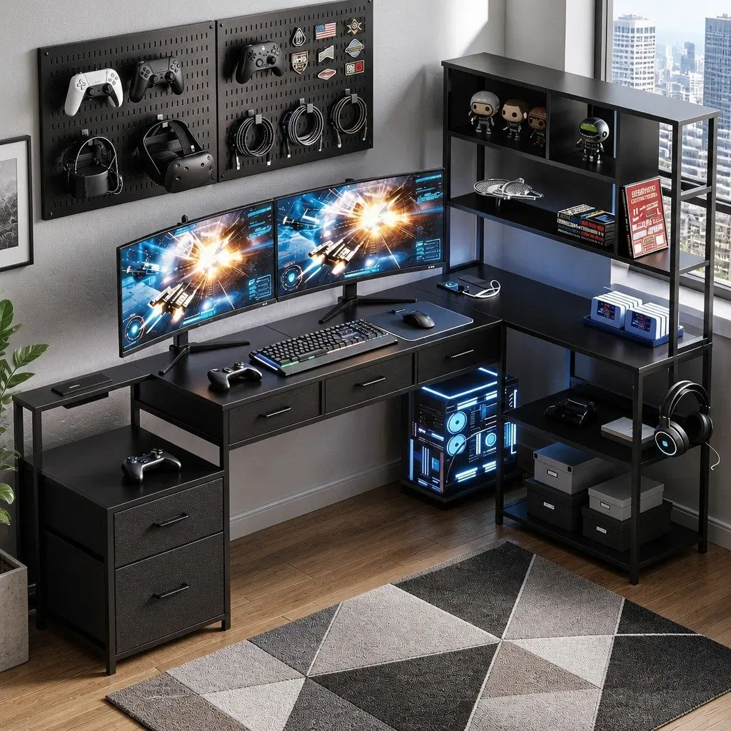 L Shaped Gaming Computer Desk Black 200cm with RGB LED Lights and Power Outlets