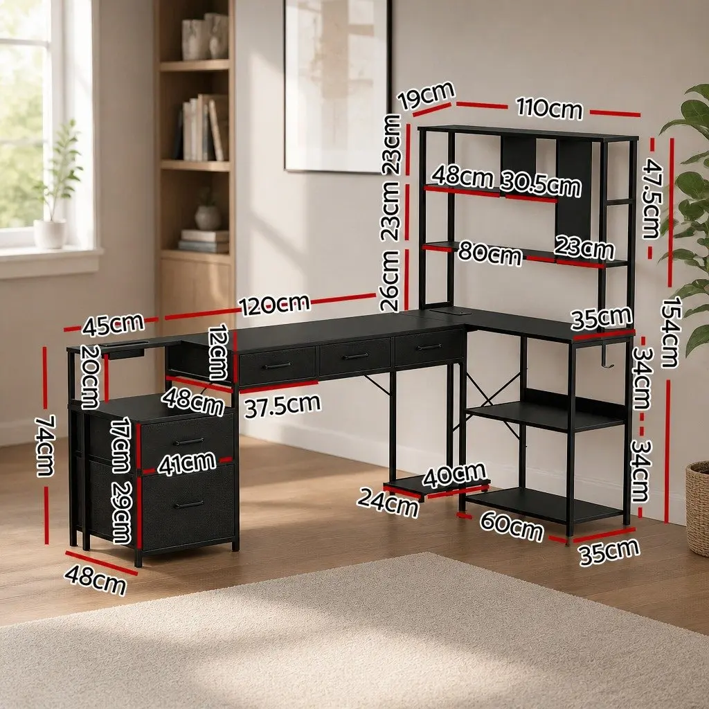 L Shaped Gaming Computer Desk Black 200cm with RGB LED Lights and Power Outlets