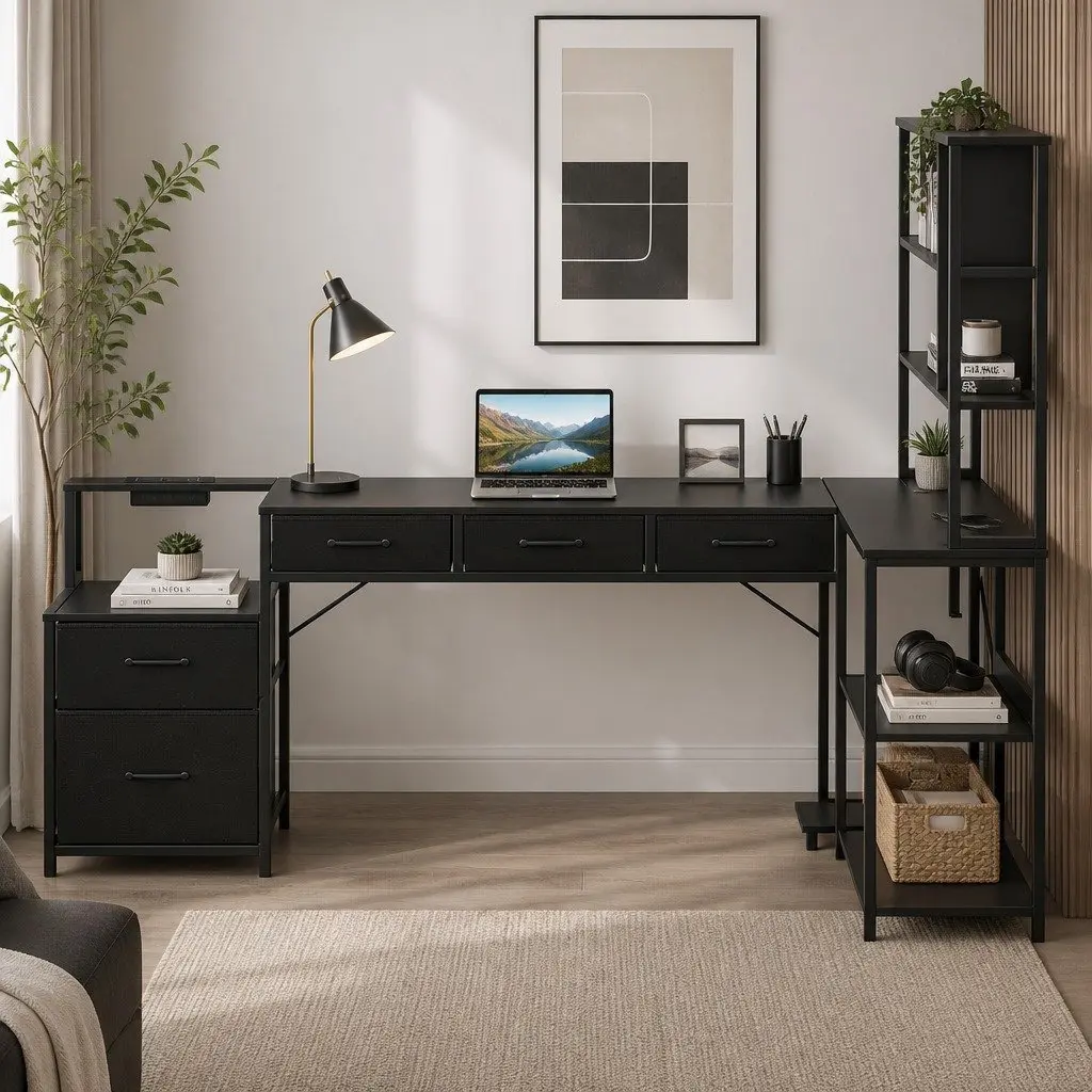 L Shaped Gaming Computer Desk Black 200cm with RGB LED Lights and Power Outlets