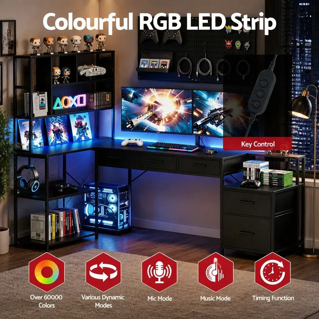L Shaped Gaming Computer Desk Black 200cm with RGB LED Lights and Power Outlets
