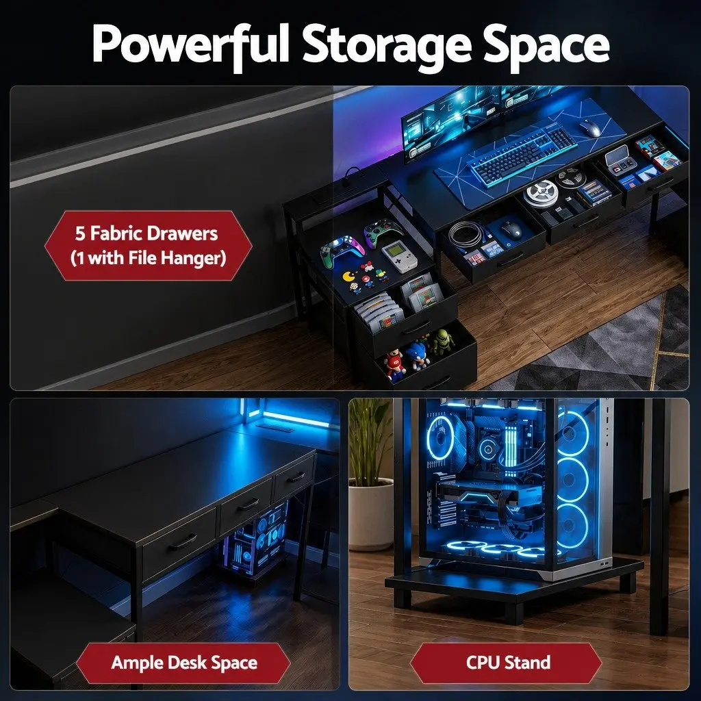 L Shaped Gaming Computer Desk Black 200cm with RGB LED Lights and Power Outlets