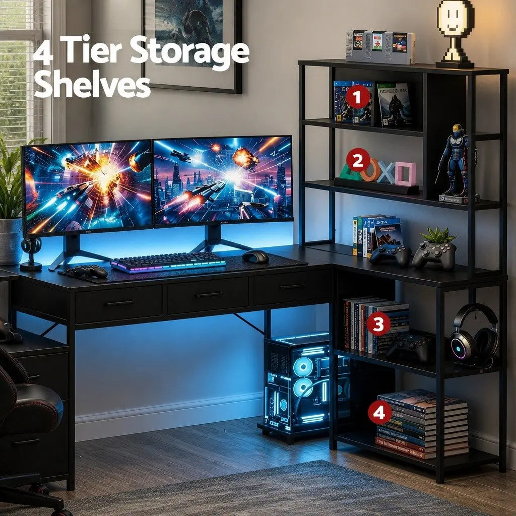 L Shaped Gaming Computer Desk Black 200cm with RGB LED Lights and Power Outlets