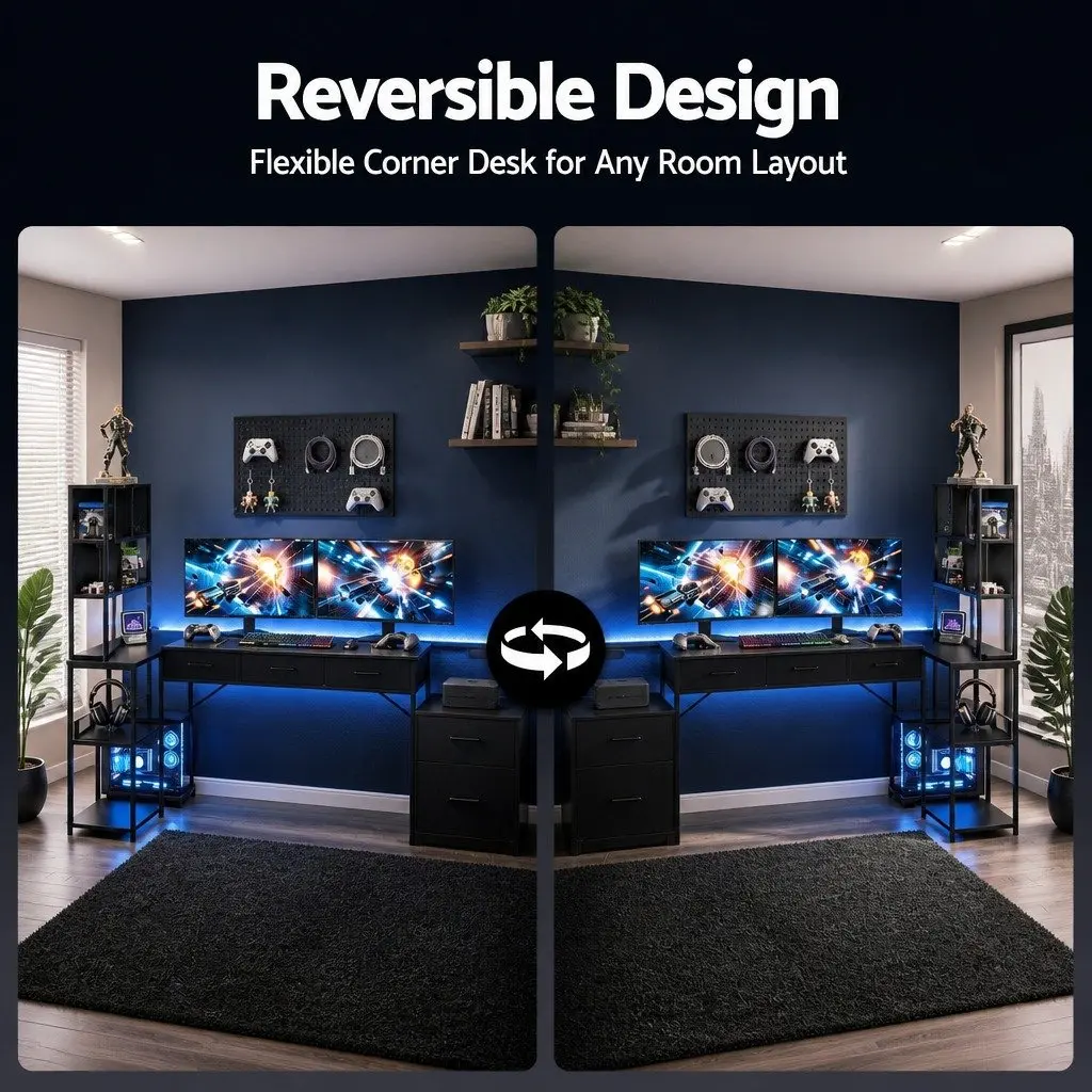 L Shaped Gaming Computer Desk Black 200cm with RGB LED Lights and Power Outlets