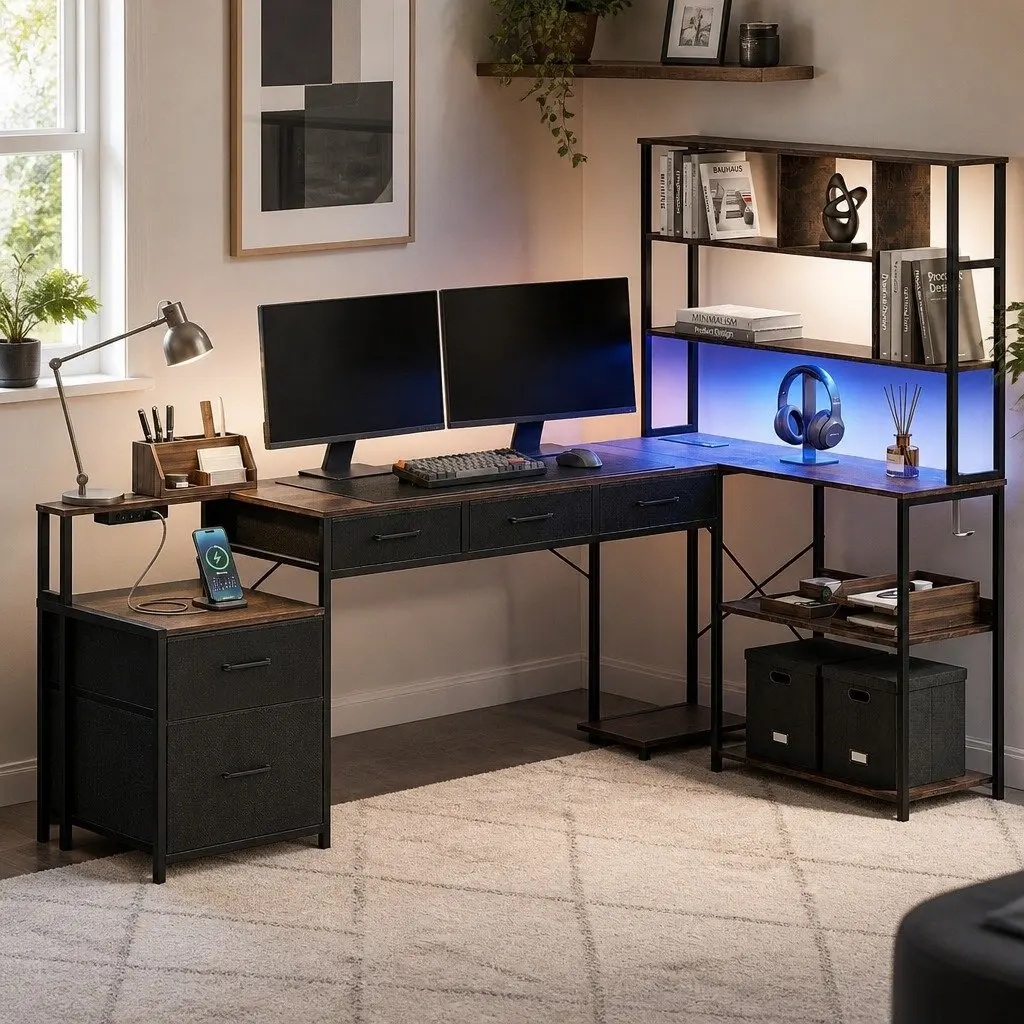 L Shaped Computer Desk Rustic Brown 200cm Workspace with LED Lights Power Outlets