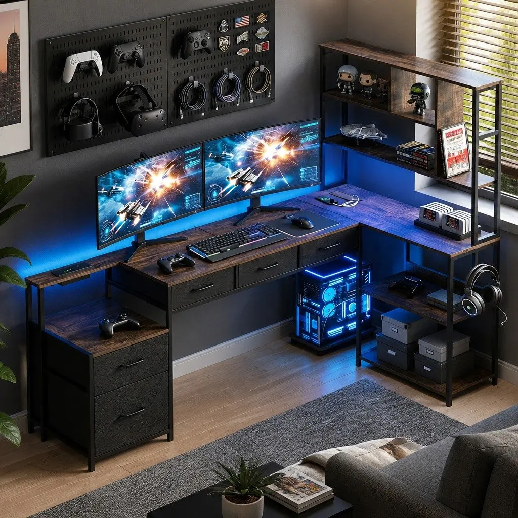 L Shaped Computer Desk Rustic Brown 200cm Workspace with LED Lights Power Outlets