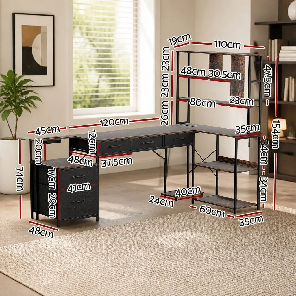 L Shaped Computer Desk Rustic Brown 200cm Workspace with LED Lights Power Outlets