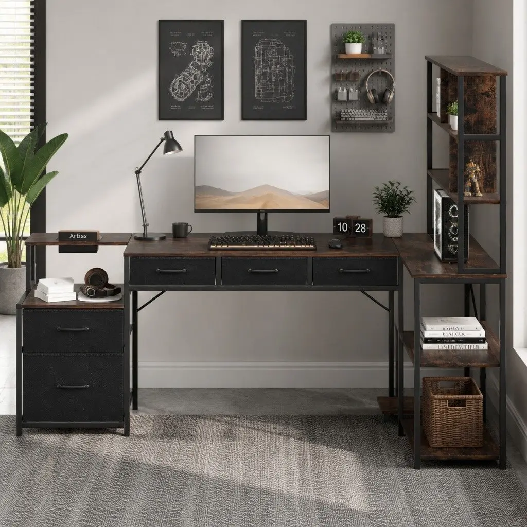 L Shaped Computer Desk Rustic Brown 200cm Workspace with LED Lights Power Outlets