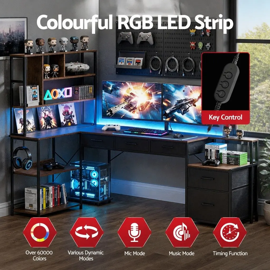 L Shaped Computer Desk Rustic Brown 200cm Workspace with LED Lights Power Outlets