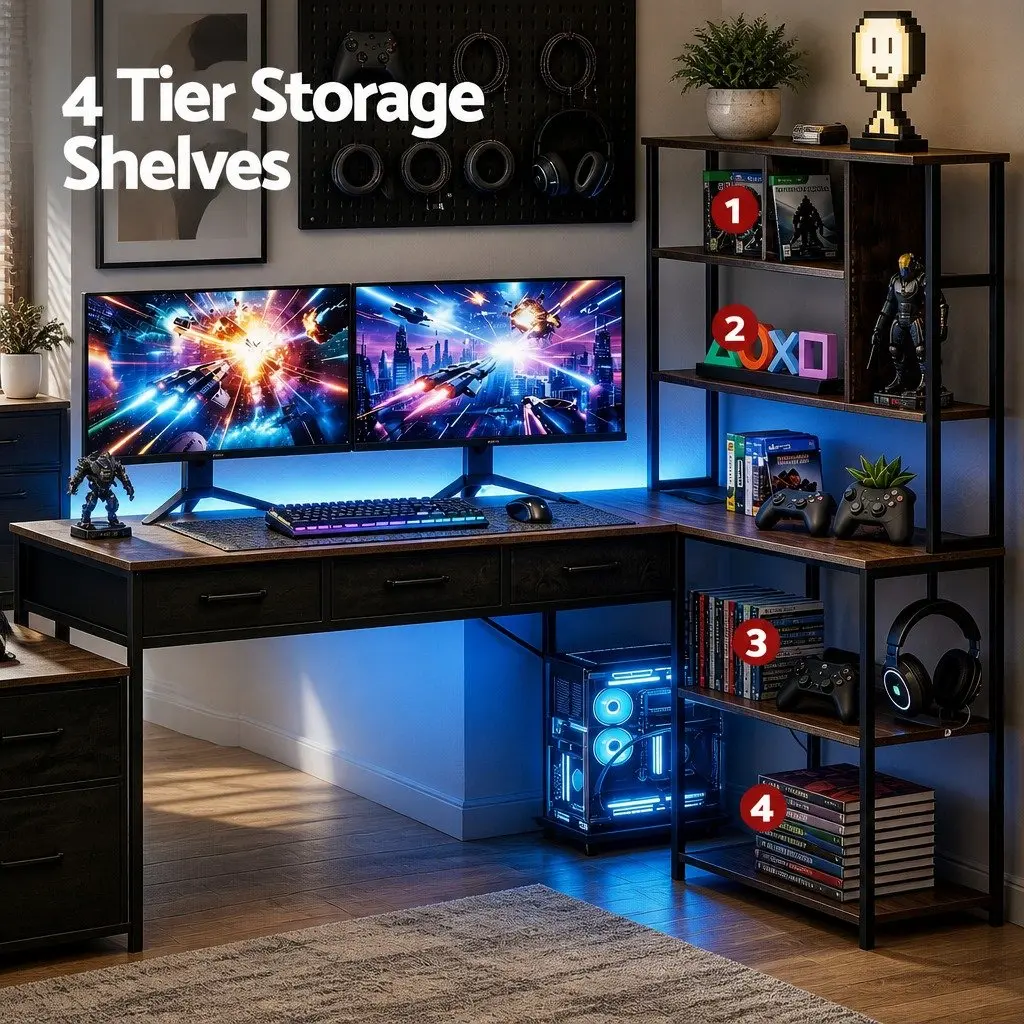L Shaped Computer Desk Rustic Brown 200cm Workspace with LED Lights Power Outlets