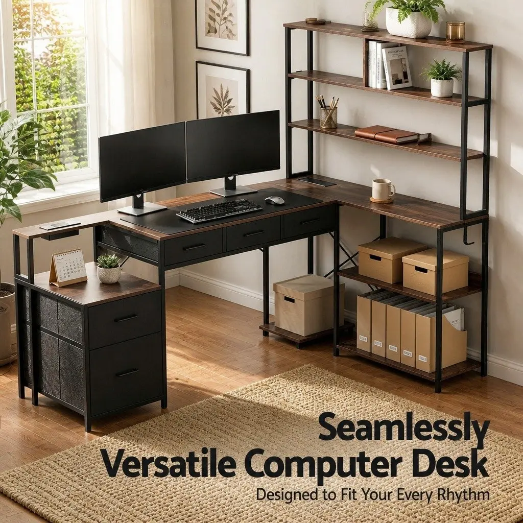 L Shaped Computer Desk Rustic Brown 200cm Workspace with LED Lights Power Outlets