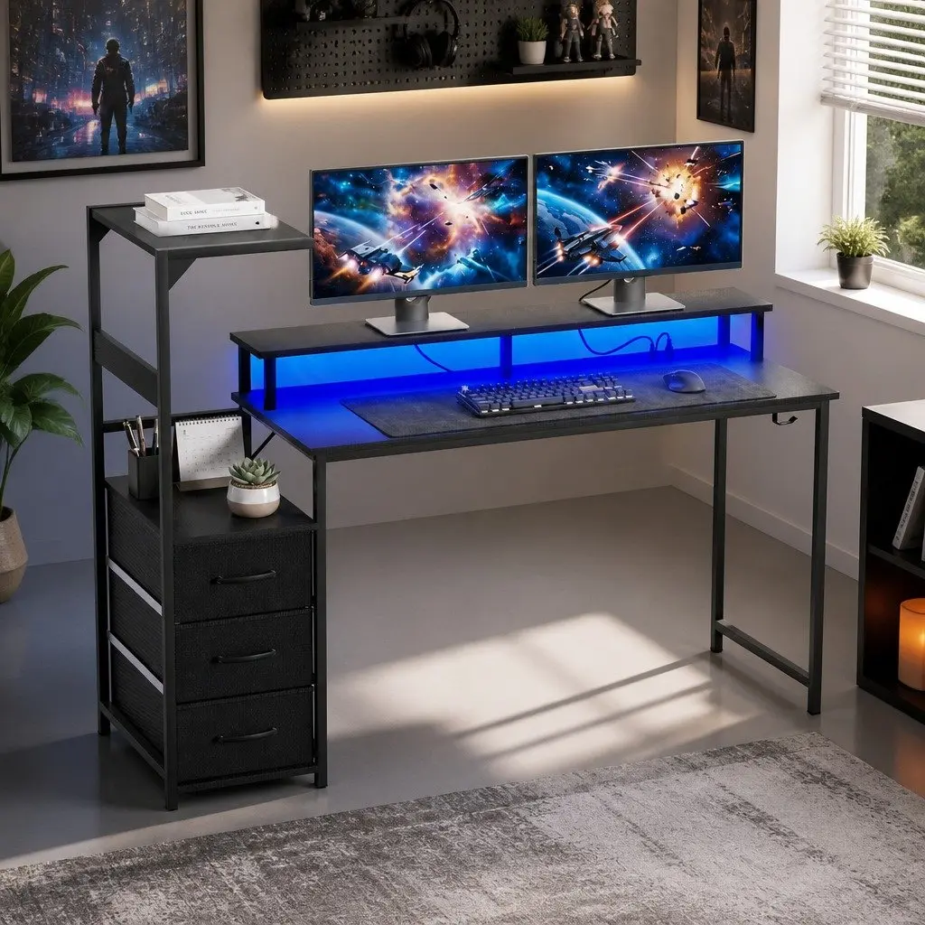 L Shaped Gaming Desk Black 145cm Integrated Power RGB LED Lights