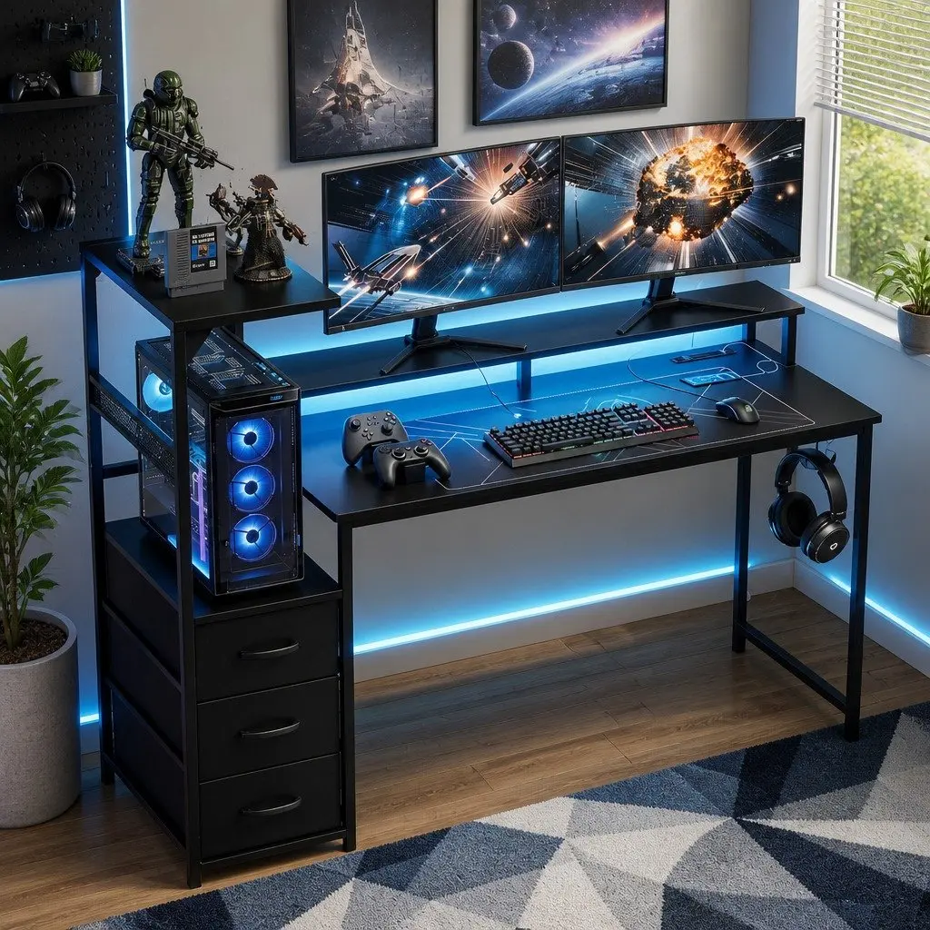 L Shaped Gaming Desk Black 145cm Integrated Power RGB LED Lights