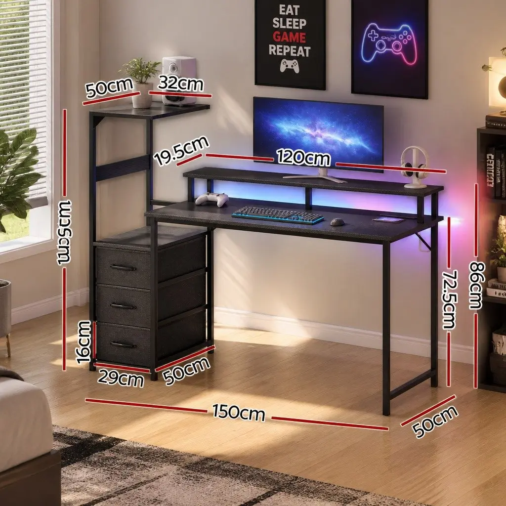 L Shaped Gaming Desk Black 145cm Integrated Power RGB LED Lights