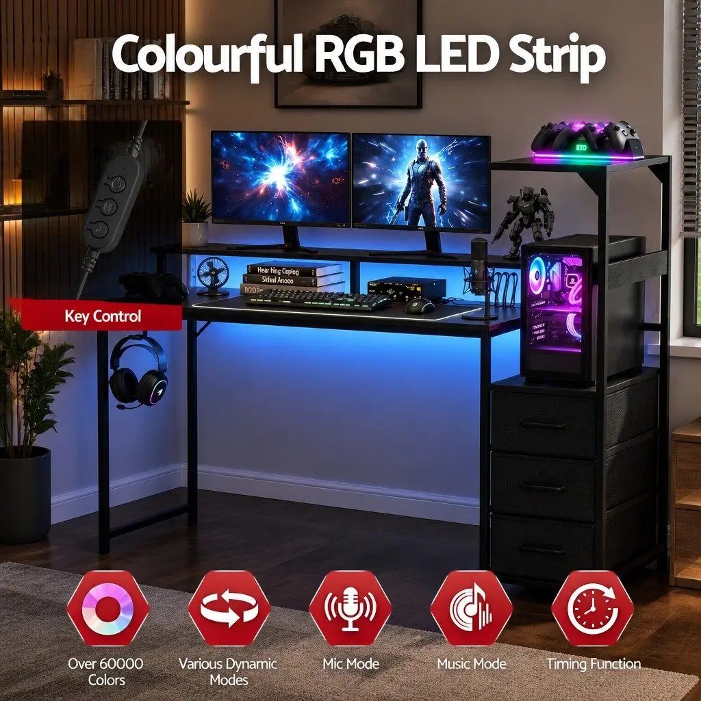 L Shaped Gaming Desk Black 145cm Integrated Power RGB LED Lights