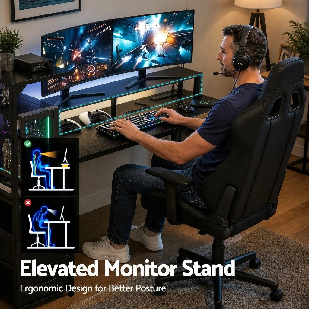 L Shaped Gaming Desk Black 145cm Integrated Power RGB LED Lights