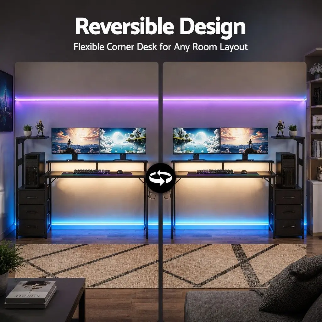 L Shaped Gaming Desk Black 145cm Integrated Power RGB LED Lights