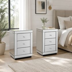 Set of 2 Bedside Tables 3 Drawers Silver Mirrored Glass Bedroom Storage
