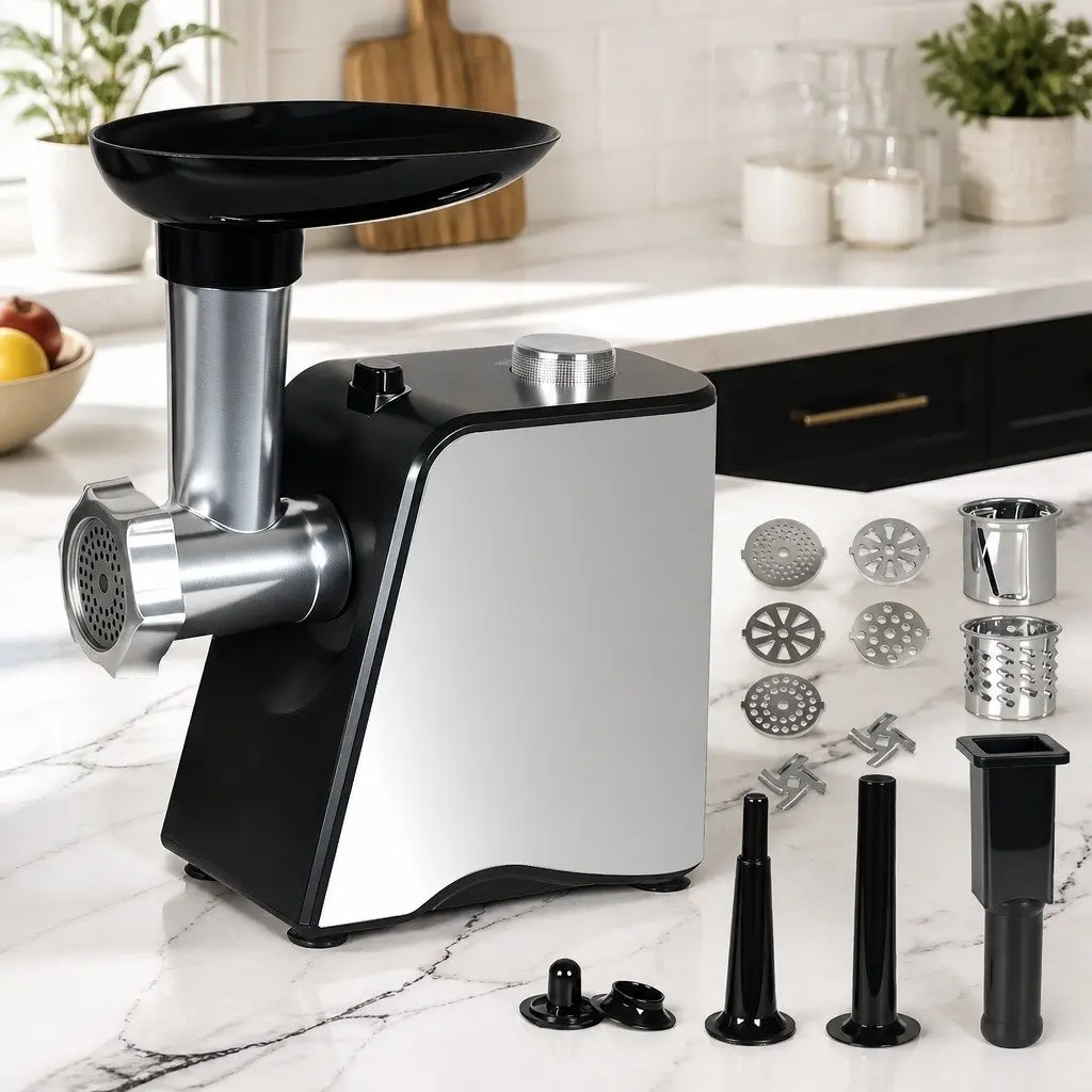 Electric Meat Grinder Black Silver 2800W 4-in-1 with Sausage Stuffer Vegetable Slicer