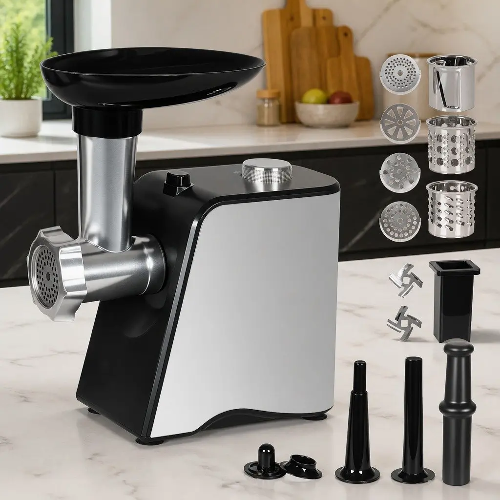 Electric Meat Grinder Black Silver 2800W 4-in-1 with Sausage Stuffer Vegetable Slicer
