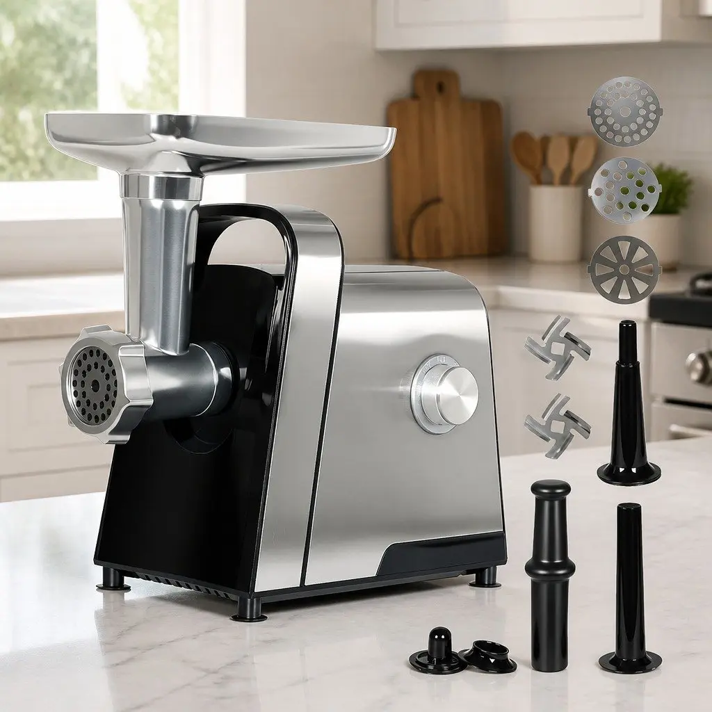 Electric Meat Grinder Black Silver 2800W 3 in 1 Sausage Maker Kibbe Attachment
