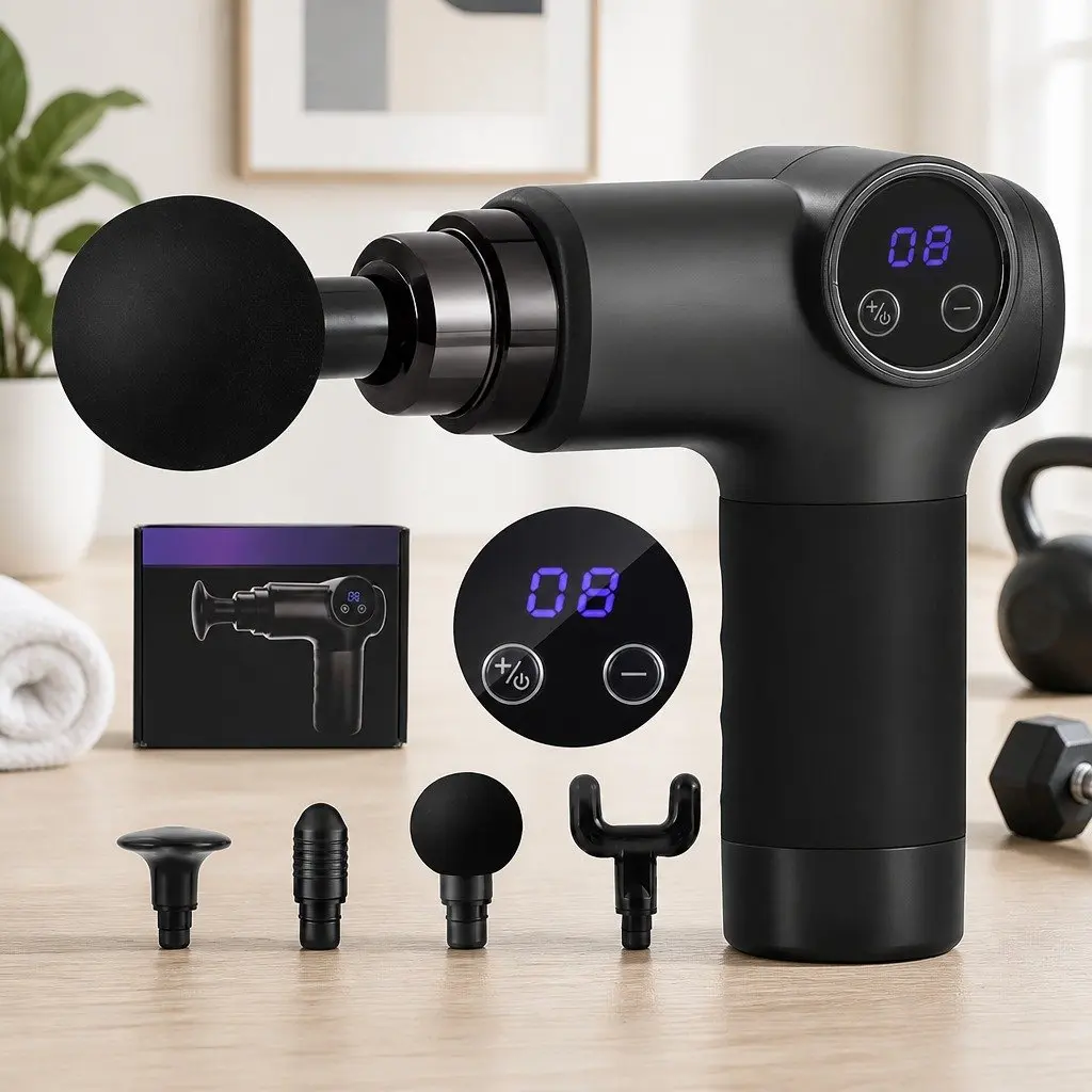 Massage Gun 8 Speed 4 Head Vibration Massager Rechargeable Black Muscle Relief