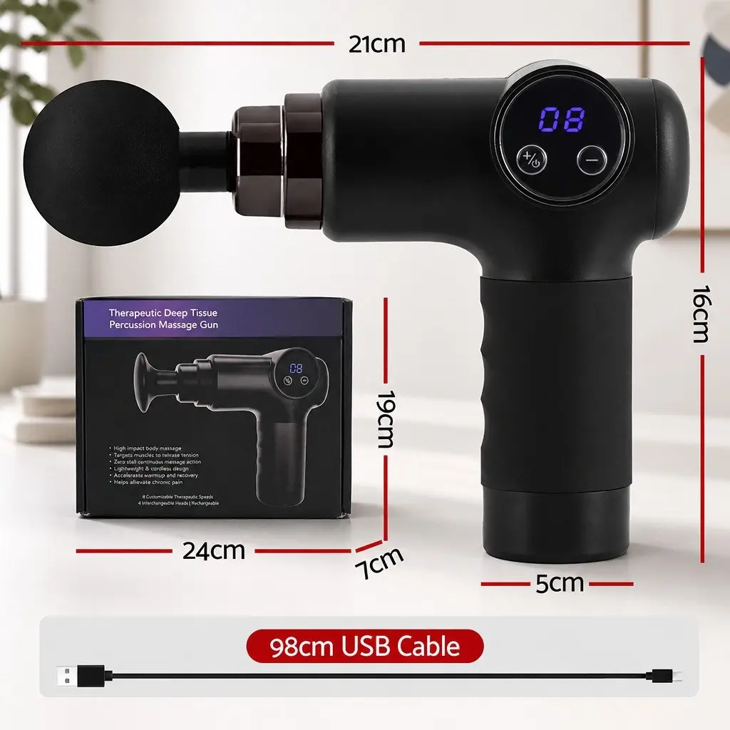 Massage Gun Black 8 Speed 4 Head Vibration Massager Rechargeable Muscle Relief