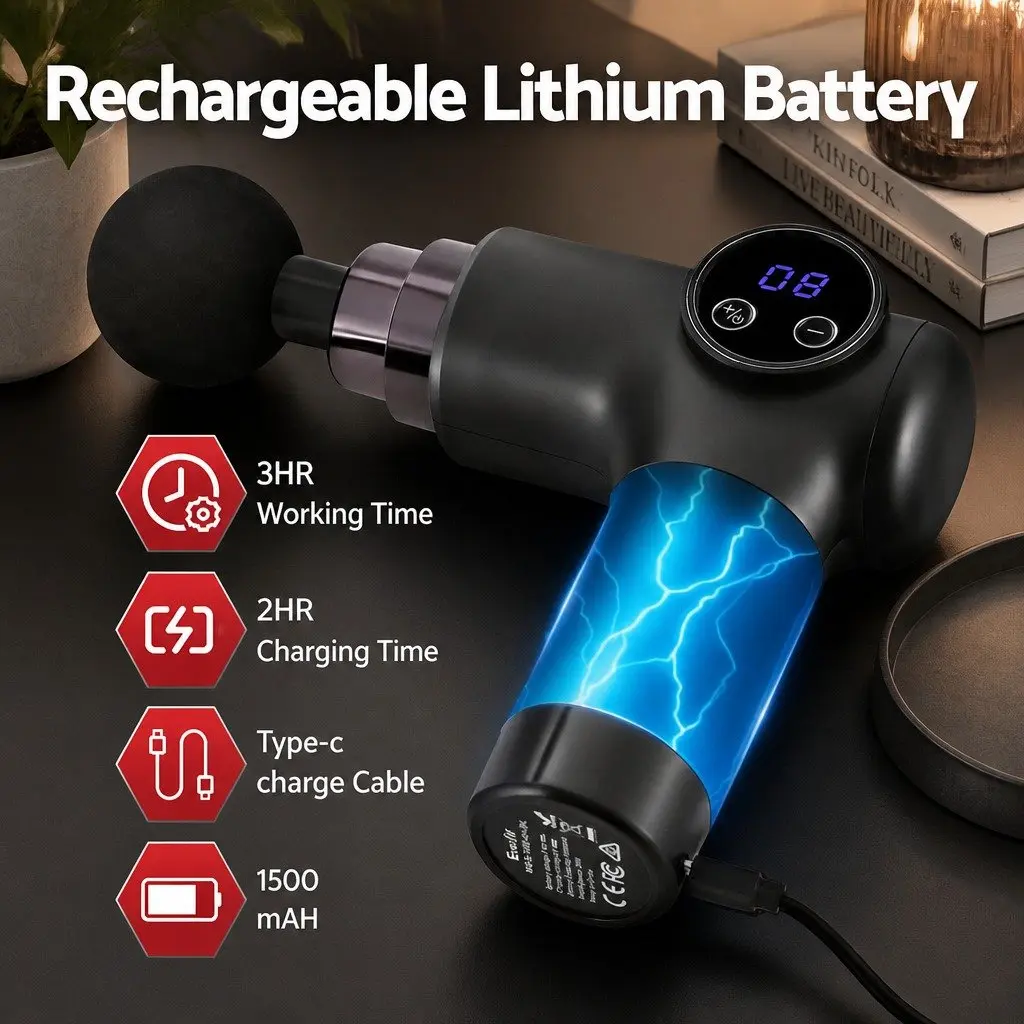 Massage Gun Black 8 Speed 4 Head Vibration Massager Rechargeable Muscle Relief