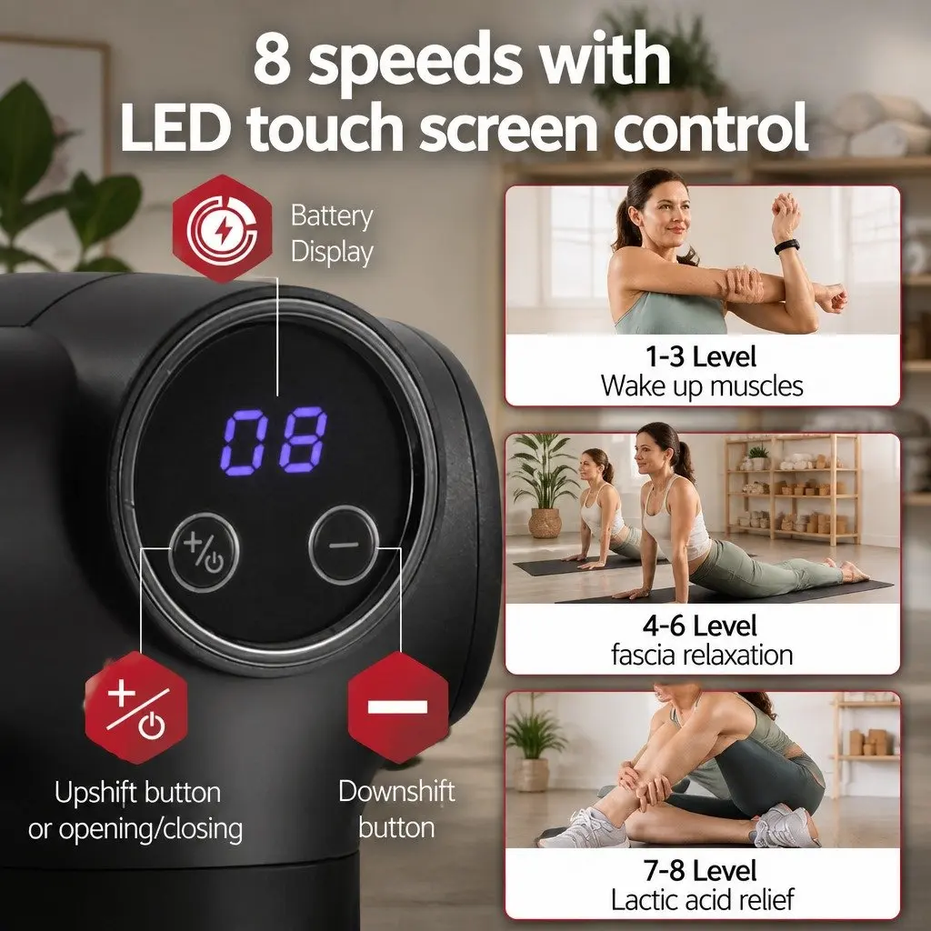 Massage Gun Black 8 Speed 4 Head Vibration Massager Rechargeable Muscle Relief