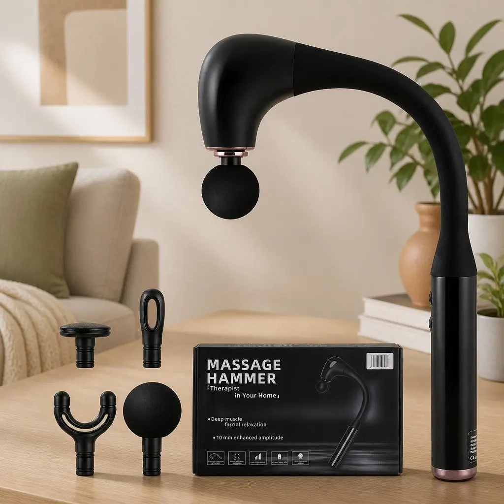 Massage Gun U-shaped Extended Handle Percussion Massager 4 Heads Black