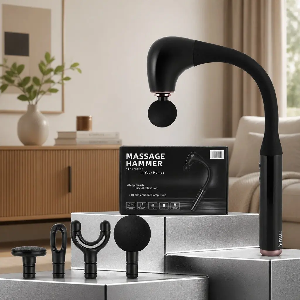 Massage Gun U-shaped Extended Handle Percussion Massager 4 Heads Black