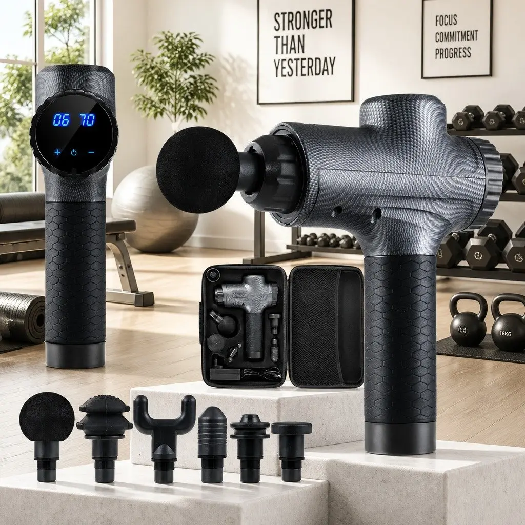 Massage Gun Grey 30 Speed 6 Heads Vibration Muscle Massager Rechargeable