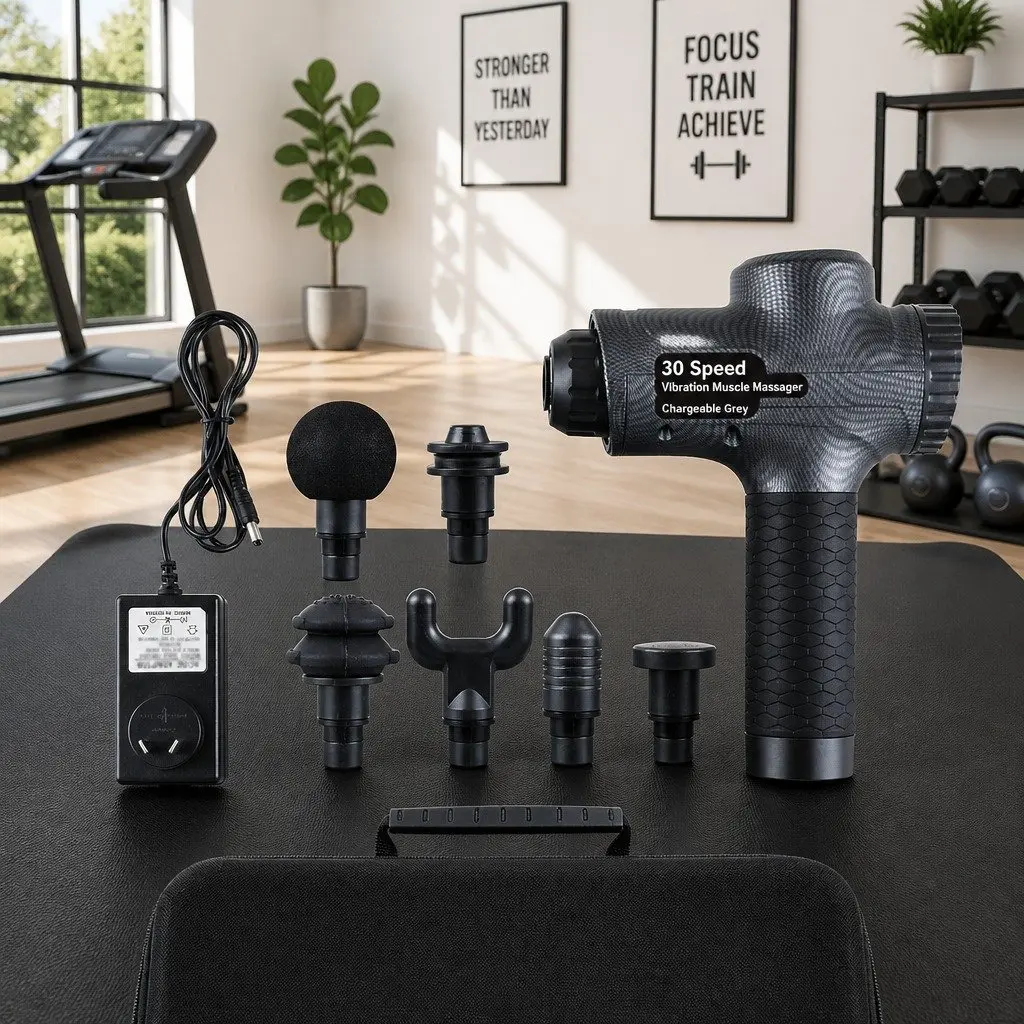 Massage Gun Grey 30 Speed 6 Heads Vibration Muscle Massager Rechargeable