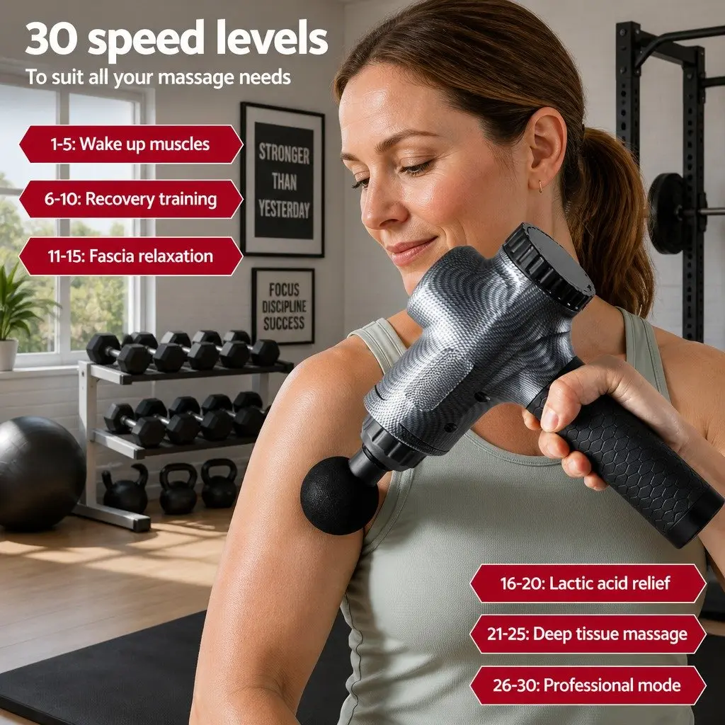 Massage Gun Grey 30 Speed 6 Heads Vibration Muscle Massager Rechargeable