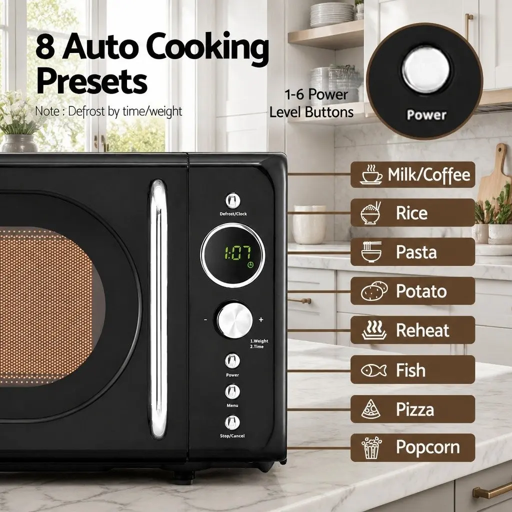 Microwave Oven Black 20L Digital 700W 8 Auto Cook Menus Defrost