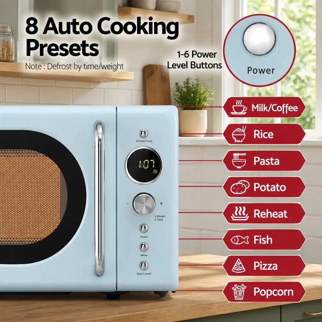 Microwave Oven Blue 20L Digital Control 8 Auto Cook Menus Defrost Timer Kitchen