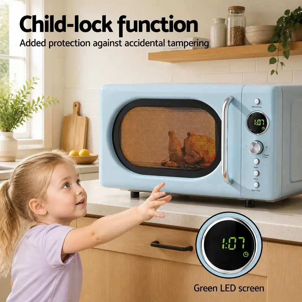 Microwave Oven Blue 20L Digital Control 8 Auto Cook Menus Defrost Timer Kitchen