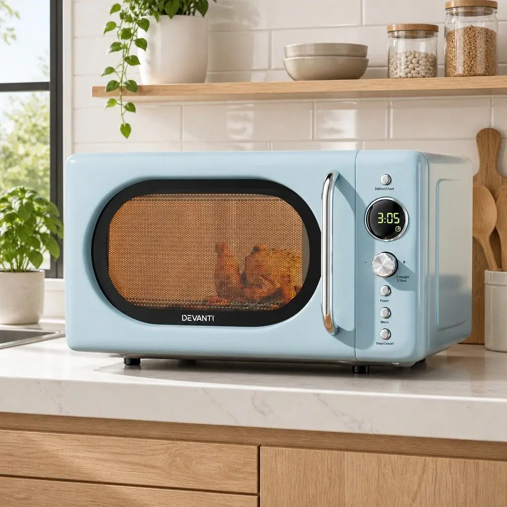 Microwave Oven Blue 20L Digital Control 8 Auto Cook Menus Defrost Timer Kitchen