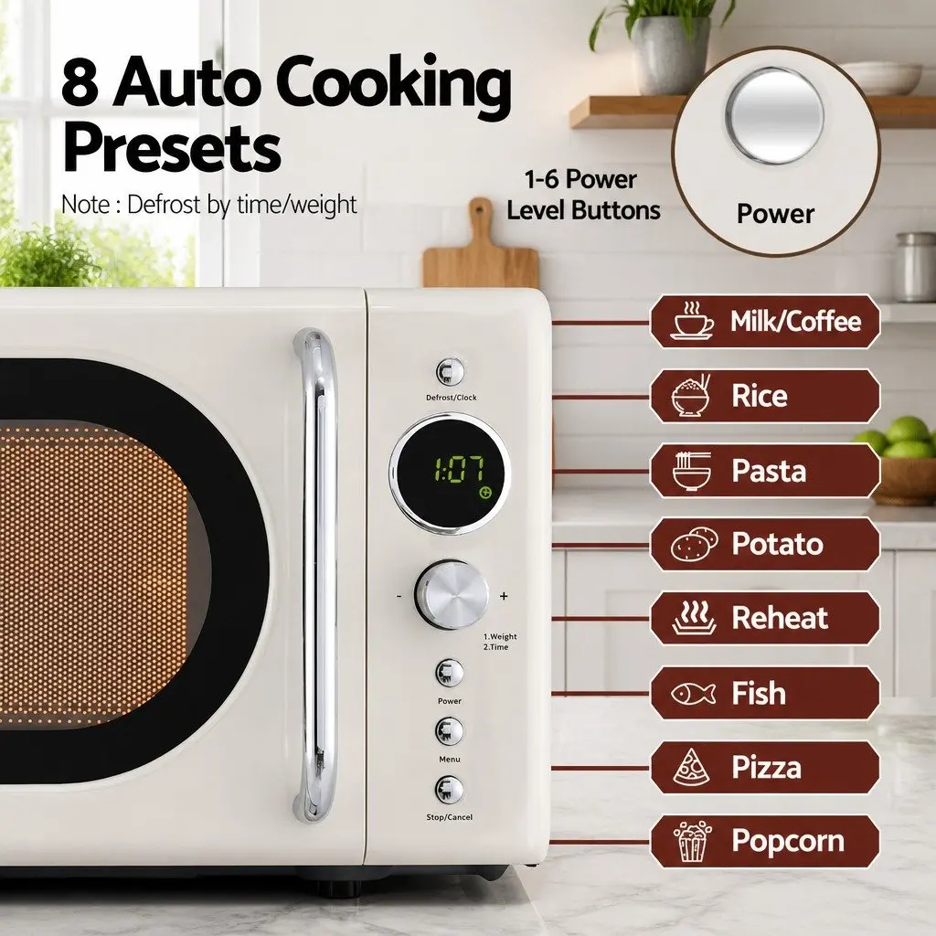 Microwave Oven Cream 20L 700W Digital Timer Express Cooking Defrost LED Display