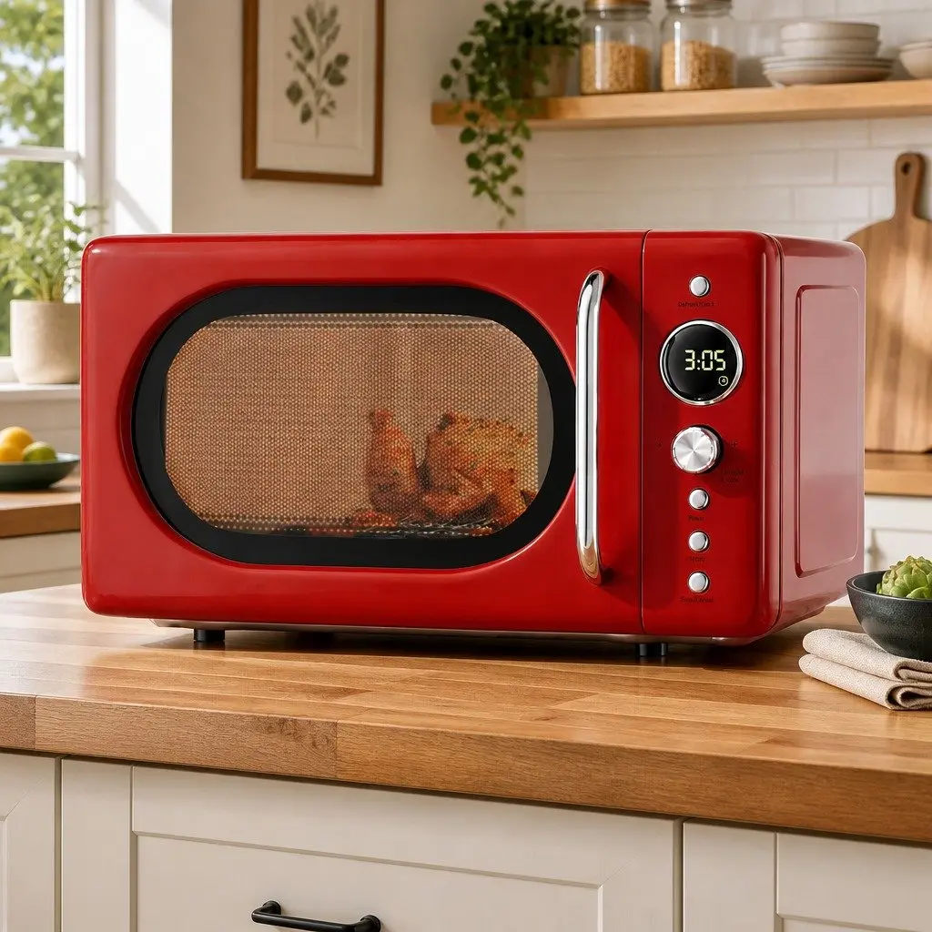 Microwave Oven Red 20L 700W Digital Control 8 Auto Cook Menus 6 Power Levels