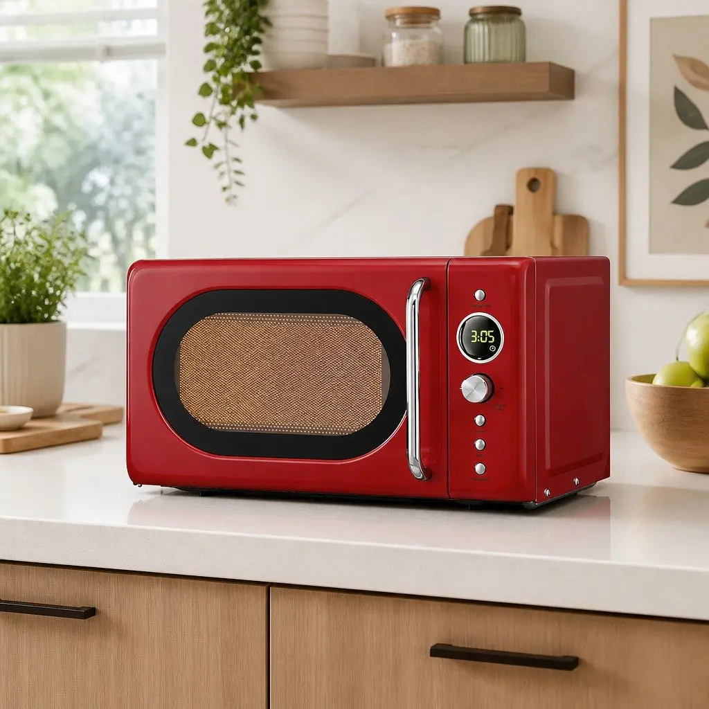 Microwave Oven Red 20L 700W Digital Control 8 Auto Cook Menus 6 Power Levels