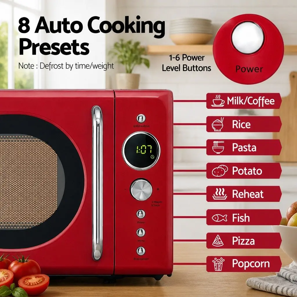 Microwave Oven Red 20L 700W Digital Control 8 Auto Cook Menus 6 Power Levels