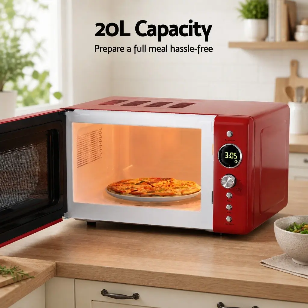 Microwave Oven Red 20L 700W Digital Control 8 Auto Cook Menus 6 Power Levels