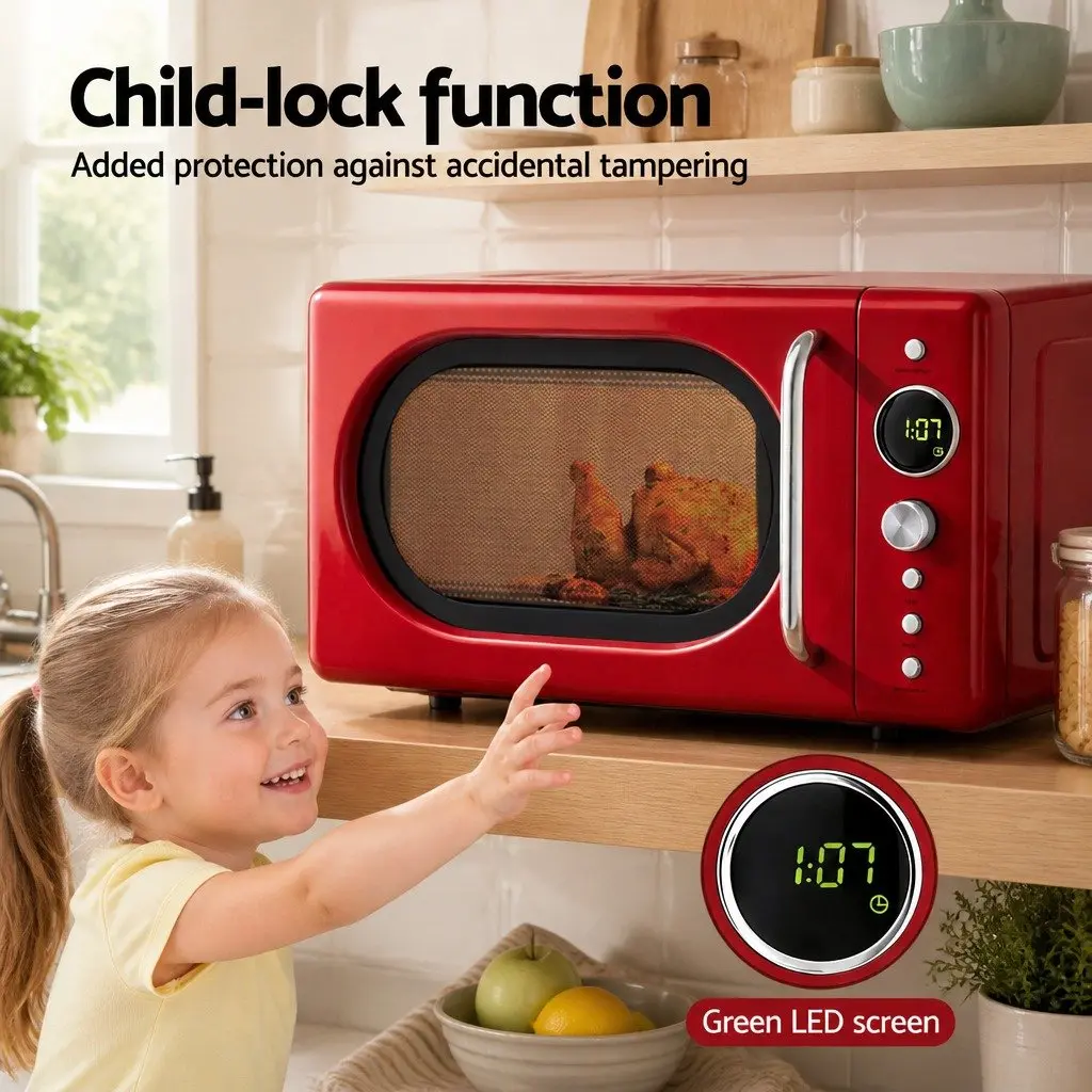 Microwave Oven Red 20L 700W Digital Control 8 Auto Cook Menus 6 Power Levels