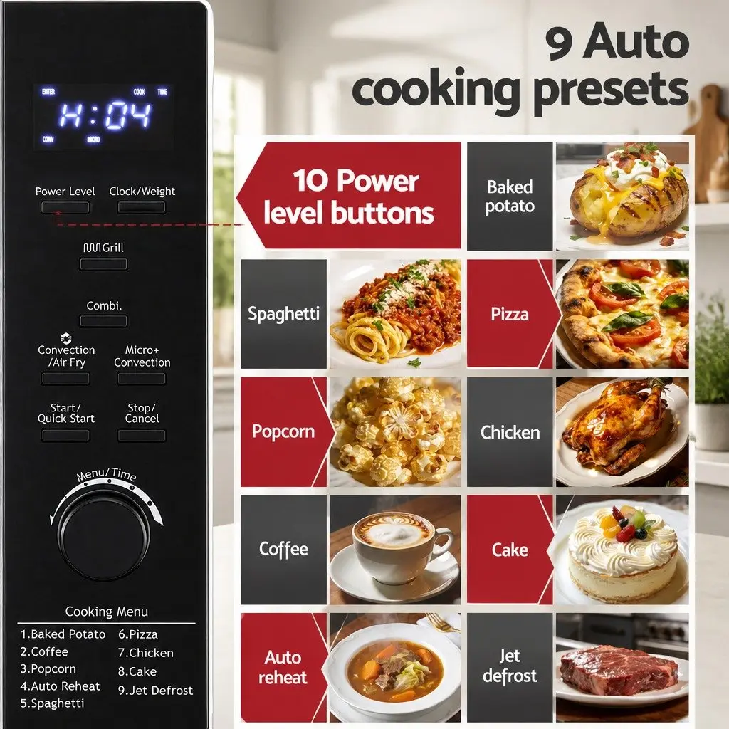 30L Microwave Oven Black Digital Cooker 4-in-1 Air Fryer Convection Grill LED Display