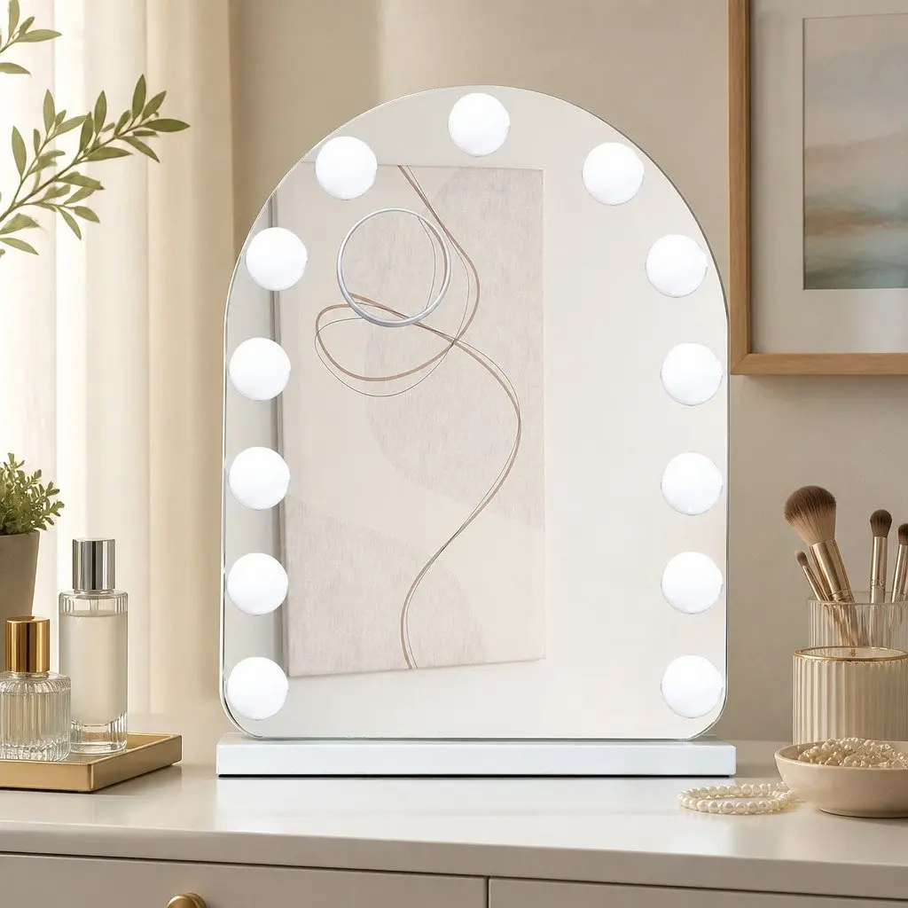 Arched Makeup Mirror White 40cm Touch Control Dimmable Brightness 5x Magnification 13 LED Bulbs