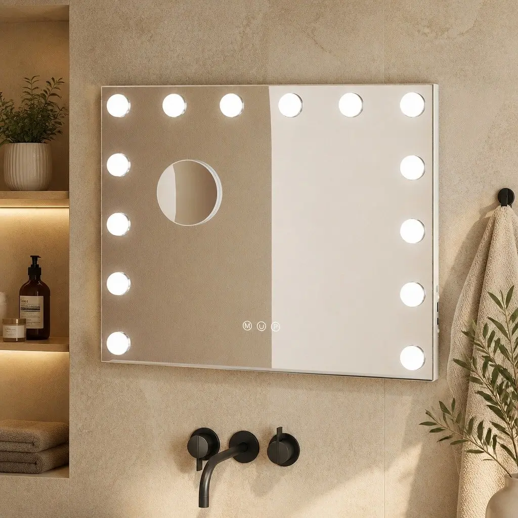 LED Vanity Makeup Mirror White 50cm x 42cm Adjustable 3-Color Lighting Detachable 10x Magnifying Mirror