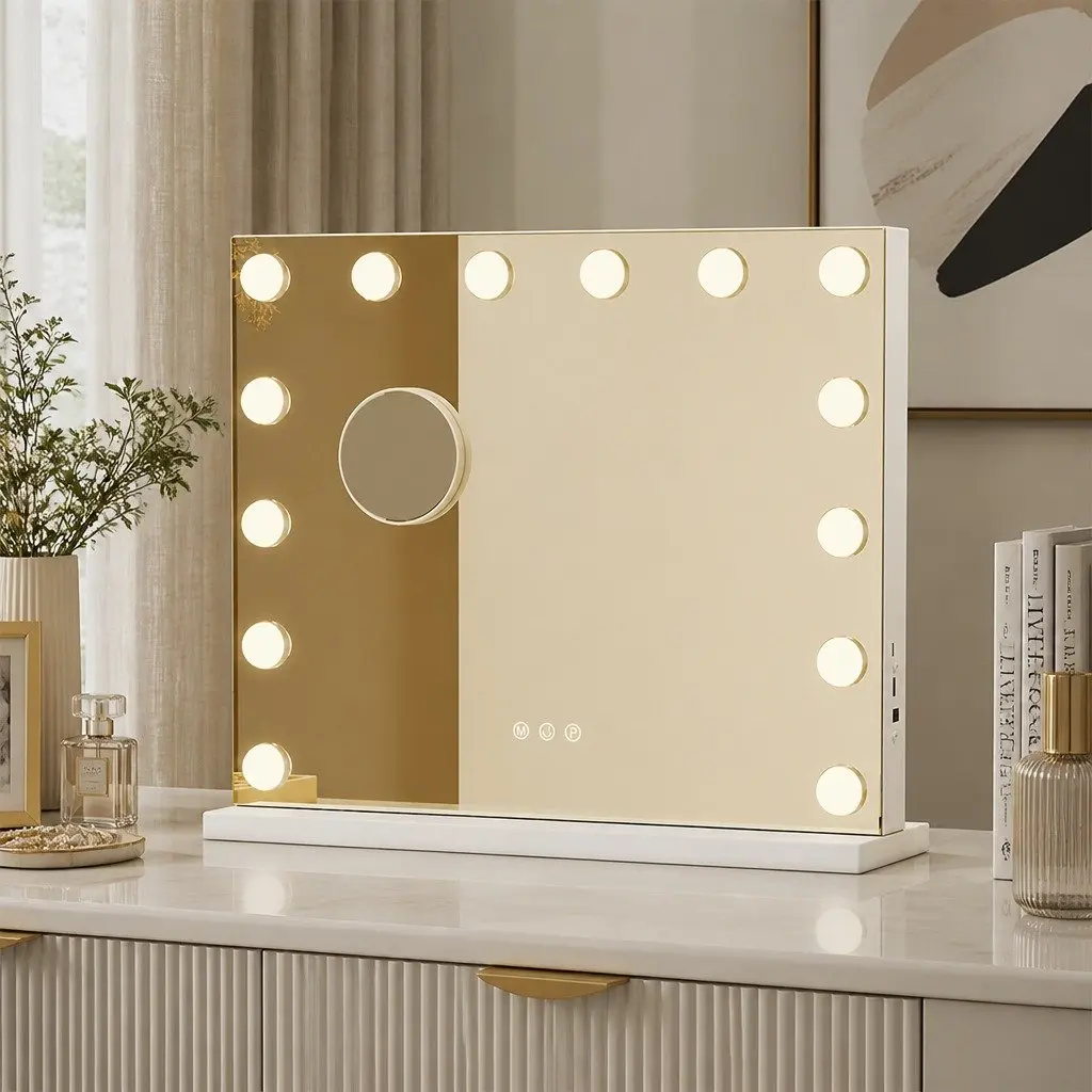 LED Vanity Makeup Mirror White 50cm x 42cm Adjustable 3-Color Lighting Detachable 10x Magnifying Mirror