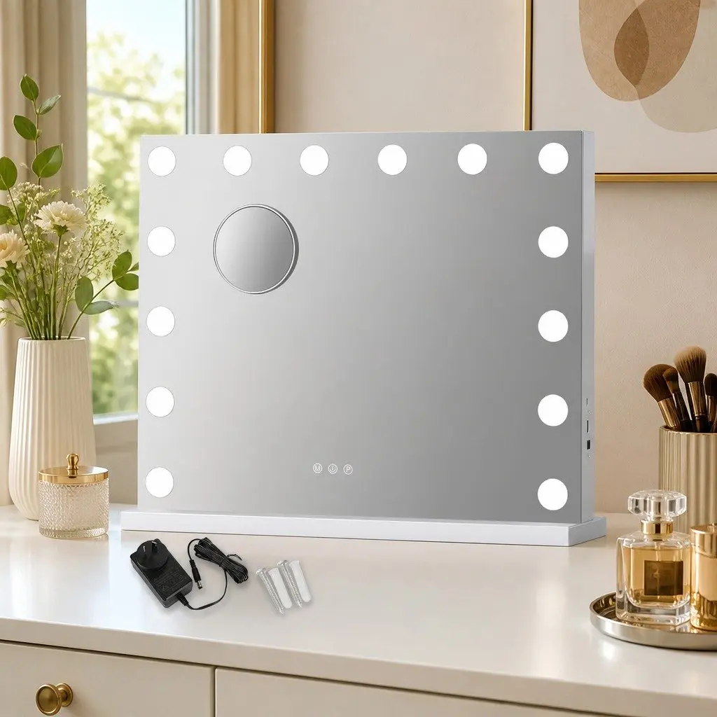 LED Vanity Makeup Mirror White 50cm x 42cm Adjustable 3-Color Lighting Detachable 10x Magnifying Mirror