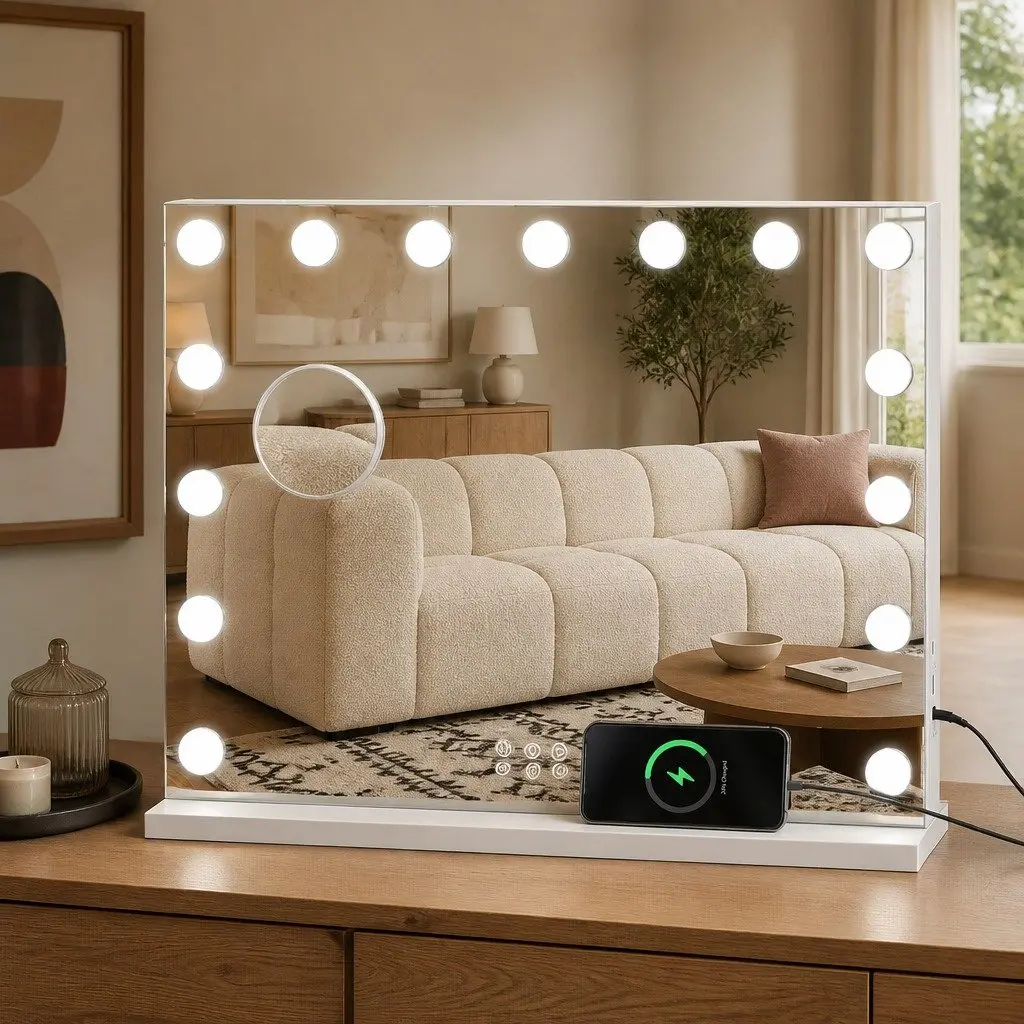 LED Vanity Mirror White 45x58cm 3-Color Adjustable Lighting with Detachable 10x Magnifying Mirror